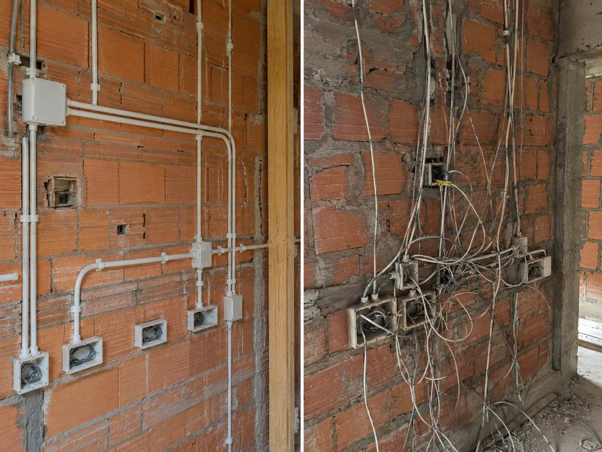 Perbandingan instalasi kabel rapi vs berantakan sebelum diplester