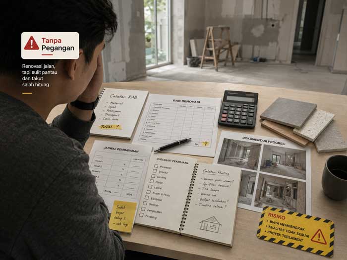 Pemilik rumah bingung melihat dokumen proyek renovasi